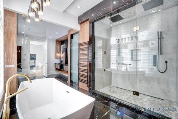 Los Angeles walk-in shower remodel with custom tile and glass enclosure