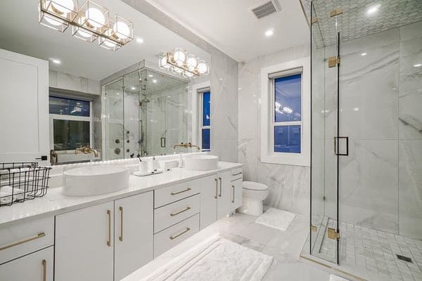 Los Angeles bathroom vanity installation with custom cabinetry and quartz countertops