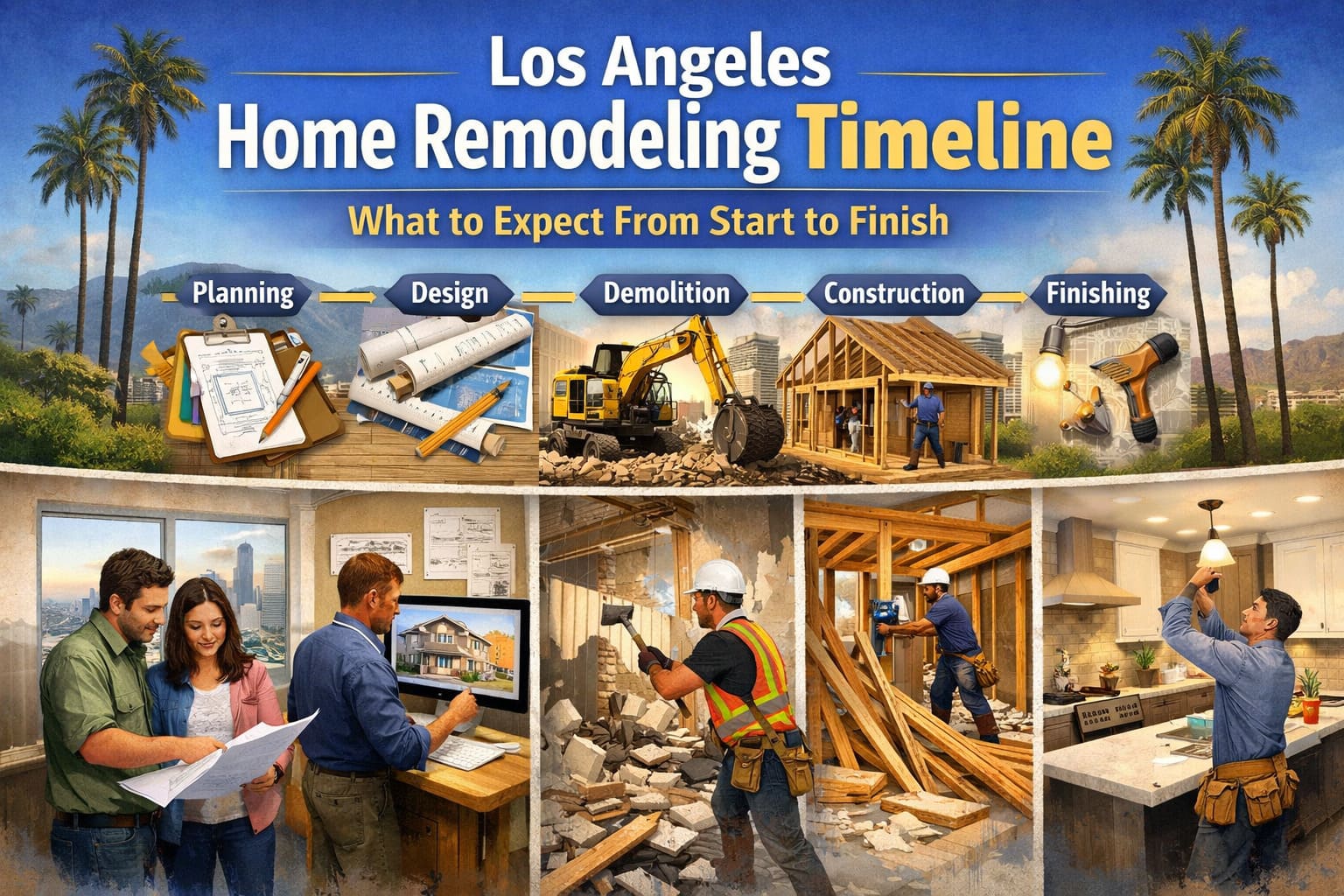 Los Angeles home remodeling project timeline showing before, during, and after construction phases